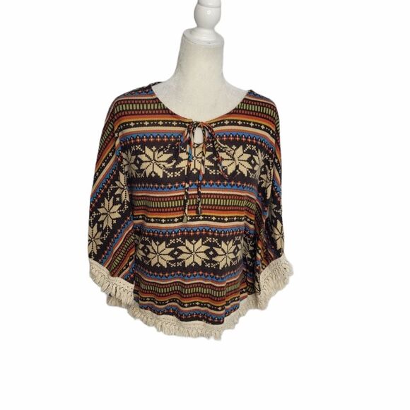 Y2K DELIA'S top fair isle snowflake fringe poncho M‎ - Picture 1 of 10